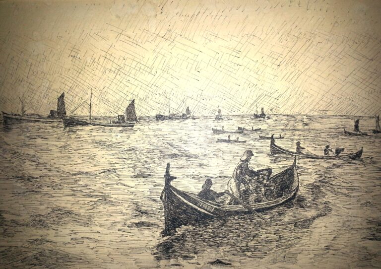 Sketch of a harbor with multiple boats on the water; heavy diagonal rain and figures in foreground boats, large boat closest to viewer.