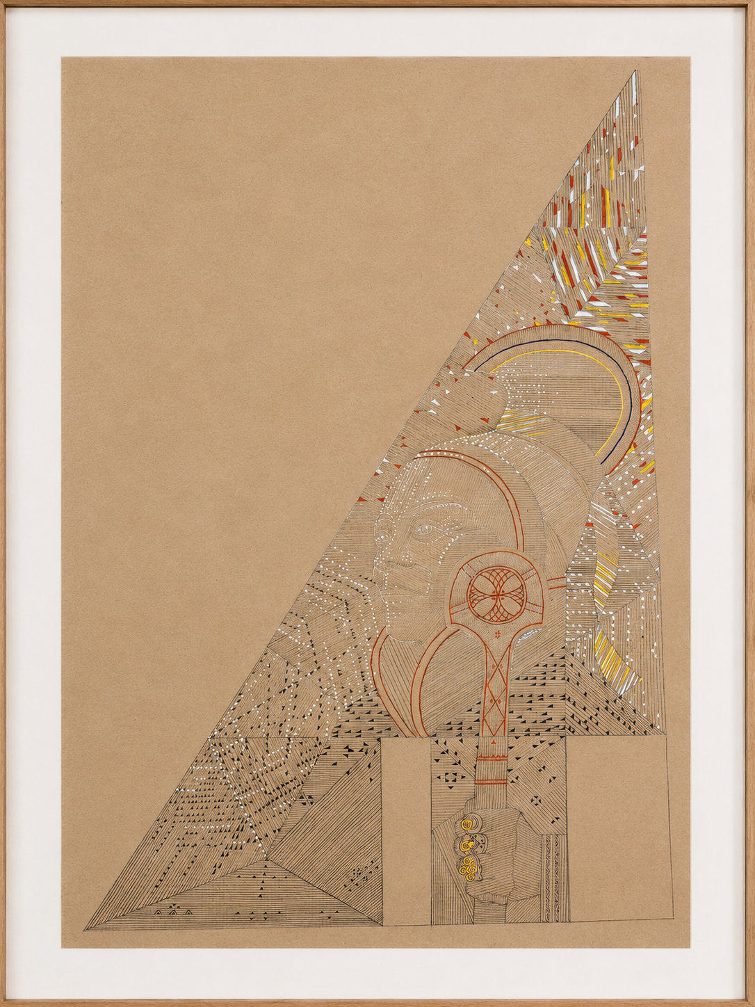 Abstract geometric artwork on kraft paper: a large triangle filled with fine lines and dots, with a stylized head wearing a helmet at its base.